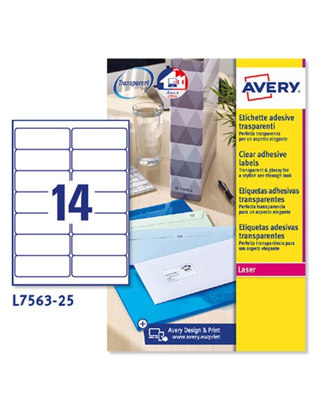 Poliestere adesivo L7563 trasparente 25fg A4 99,1x38,1mm (14et/fg) laser Avery L7563-25 AVERY ETICHETTE POLIESTERE COPY-LASER...