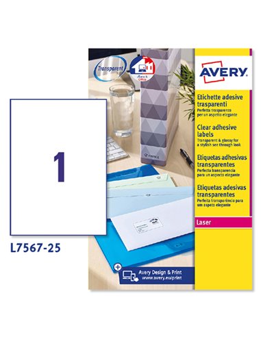 Poliestere adesivo L7567 trasparente 25fg A4 210x297mm (1et/fg) laser Avery L7567-25 AVERY ETICHETTE POLIESTERE COPY-LASER-IN...