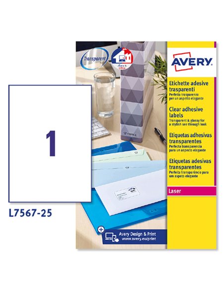 Poliestere adesivo L7567 trasparente 25fg A4 210x297mm (1et/fg) laser Avery L7567-25 AVERY ETICHETTE POLIESTERE COPY-LASER-IN...
