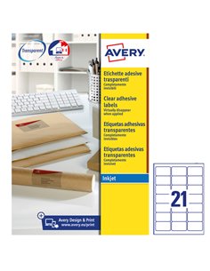 Poliestere adesivo J8560 trasparente 25fg A4 63,5x38,1mm (21et/fg) inkjet Avery J8560-25 AVERY ETICHETTE POLIESTERE COPY-LASE...
