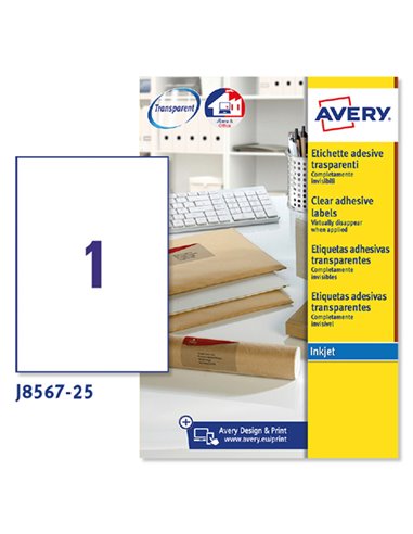 Poliestere adesivo J8567 trasparente 25fg A4 210x297mm (1et/fg) inkjet Avery J8567-25 AVERY ETICHETTE POLIESTERE COPY-LASER-I...