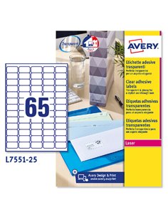 Poliestere adesivo L7551 trasparente 25fg A4 38,1X21,2mm (65et/fg) laser Avery L7551-25 AVERY ETICHETTE POLIESTERE COPY-LASER...