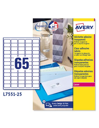 Poliestere adesivo L7551 trasparente 25fg A4 38,1X21,2mm (65et/fg) laser Avery L7551-25 AVERY ETICHETTE POLIESTERE COPY-LASER...