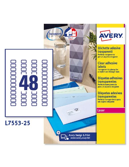 Poliestere adesivo L7553 trasparente 25fg A4 22x12,7mm (48et/fg) laser Avery L7553-25 AVERY ETICHETTE POLIESTERE COPY-LASER-I...