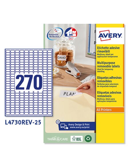 Etichetta adesiva L4730REV bianca rimovibili 25fg A4 17,8x10mm (270et/fg) laser L4730REV-25 AVERY ETICHETTE CARTA COPY-LASER-...
