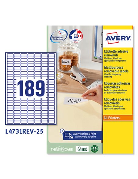 Etichetta adesiva L4731REV bianca rimovibili 25fg A4 25,4x10mm (189et/fg) laser L4731REV-25 AVERY ETICHETTE CARTA COPY-LASER-...