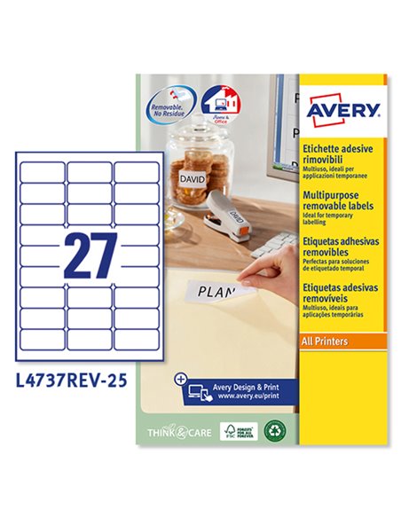 Etichetta adesiva L4737REV bianca rimovibili 25fg A4 63,5x29,6mm (27et/f) laser L4737REV-25 AVERY ETICHETTE CARTA COPY-LASER-...