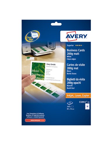 250 BIGLIETTI VISITA 85x54mm BIANCO LASER 200gr QuickClean™ AVERY C32011-25 AVERY BIGLIETTI DA VISITA