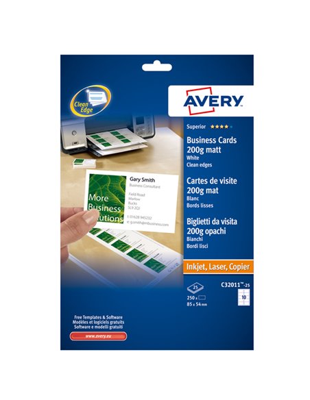 250 BIGLIETTI VISITA 85x54mm BIANCO LASER 200gr QuickClean™ AVERY C32011-25 AVERY BIGLIETTI DA VISITA