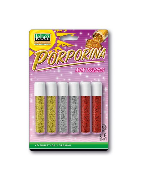 BUSTA 6 TUBI PORPORINA GLITTER ASSORTITO 2GR LEBEZ 5134-ASS LEBEZ GLITTER E PORPORINA