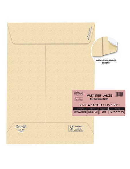 250 buste sacco MULTI STRIP LARGE avana carta ric. 190x260x40mm 100gr Pigna Enve 065523226 Pigna Envelopes BUSTE A SACCO CON ...
