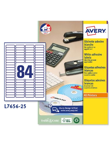 Etichette adesive L7656 bianche 25fg A4 46x11,1mm (84et/fg) inkjet/laser Avery L7656-25 AVERY ETICHETTE IN FOGLIETTI