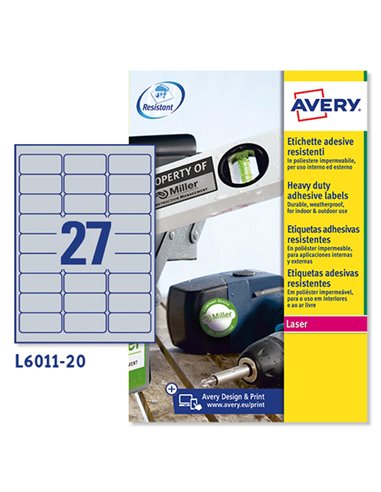 Poliestere adesivo L6011 argento 20fg A4 63,5x29,6mm (27et/fg) laser Avery L6011-20 AVERY ETICHETTE POLIESTERE COPY-LASER-INKJET