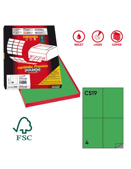 Etichetta adesiva C/519 verde 100fg A4 105x148,5mm (4et/fg) Markin X210C519VE MARKIN ETICHETTE CARTA COPY-LASER-INKJET