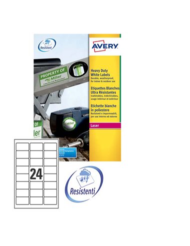 Poliestere adesivo L4773 bianco 20fg A4 63,5x33,9mm (24et/fg) laser Avery L4773-20 AVERY ETICHETTE POLIESTERE COPY-LASER-INKJET
