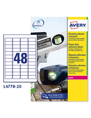 Poliestere adesivo L4778 bianco 20fg A4 45,7x21,2mm (48et/fg) laser Avery L4778-20 AVERY ETICHETTE POLIESTERE COPY-LASER-INKJET