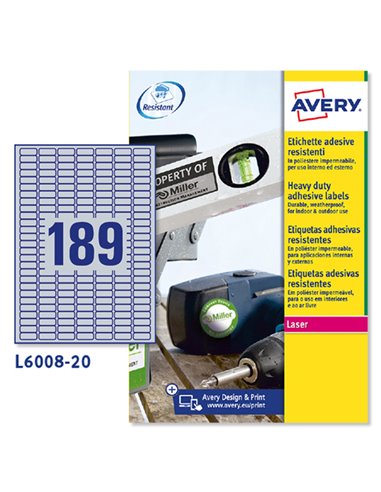 Poliestere adesivo L6008 argento 20fg A4 25,4x10mm (189et/fg) laser Avery L6008-20