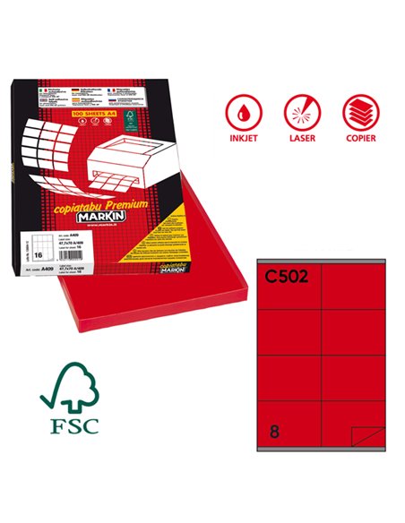 Etichetta adesiva C/502 rosso 100fg A4 105x72mm (8et/fg) Markin X210C502RO MARKIN ETICHETTE CARTA COPY-LASER-INKJET