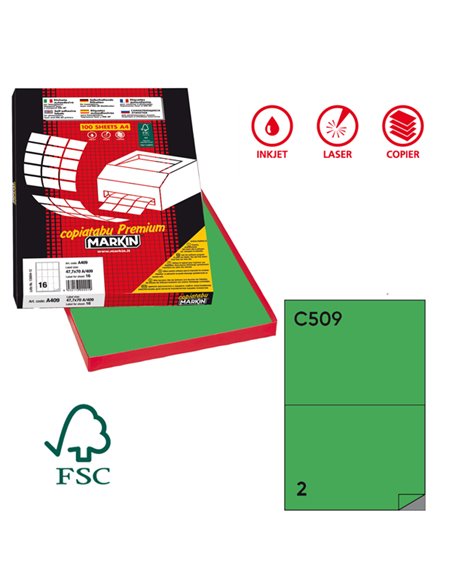 Etichetta adesiva C/509 verde 100fg A4 210x148,5mm (2et/fg) Markin X210C509VE MARKIN ETICHETTE CARTA COPY-LASER-INKJET