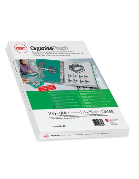 Scatola 100 pouches 2x125mic 228x303mm A4+ pre-forata Organise GBC 3743156 GBC POUCHES PER PLASTIFICARE