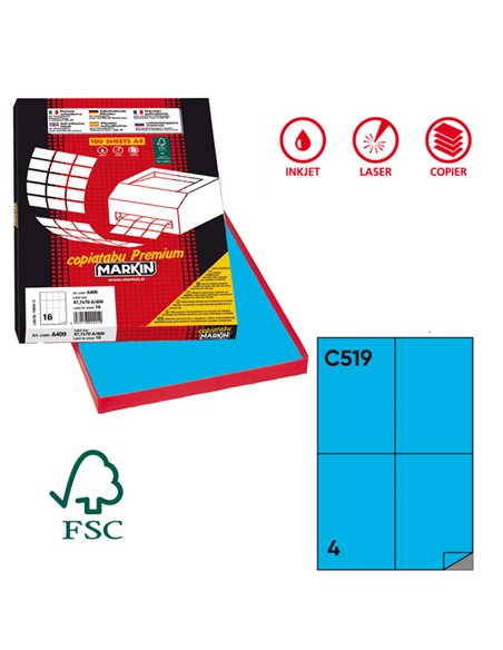 Etichetta adesiva C/519 blu 100fg A4 105x148,5mm (4et/fg) Markin X210C519BL MARKIN ETICHETTE CARTA COPY-LASER-INKJET