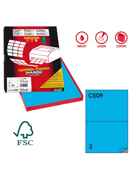 Etichetta adesiva C/509 blu 100fg A4 210x148,5 mm (2et/fg) Markin X210C509BL MARKIN ETICHETTE CARTA COPY-LASER-INKJET