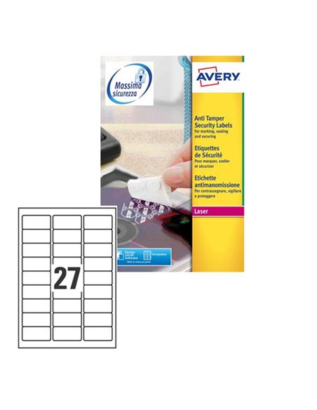 Poliestere adesivo L6114 bianco antim. 20fg A4 63,5x29,6mm (27et/fg) laser Avery L6114-20 AVERY ETICHETTE POLIESTERE COPY-LAS...