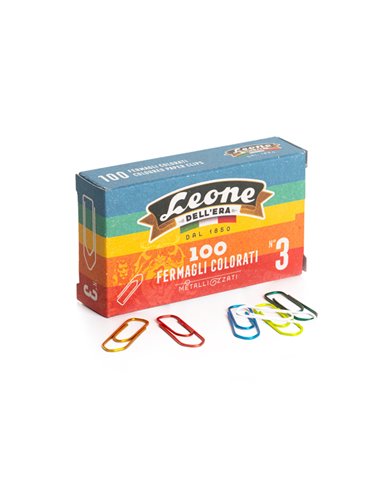 SCATOLA 100 FERMAGLI COLORATI E METALLIZZATI N.3 MM28 LEONE COLOR FX103 LEONE DELL'ERA FERMAGLI-FERMACAMPIONI-MOLLE