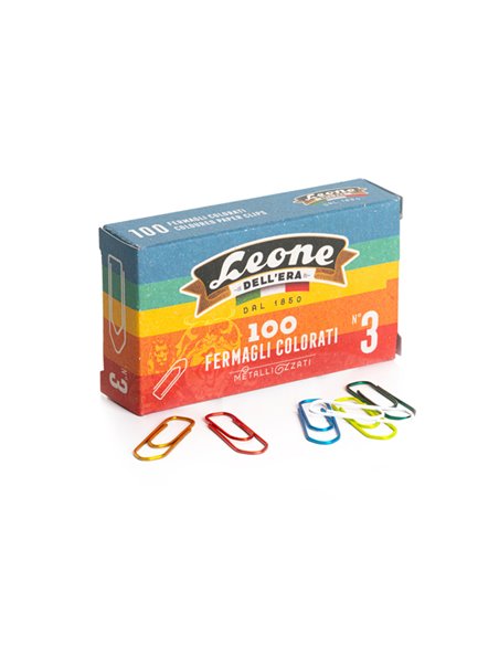 SCATOLA 100 FERMAGLI COLORATI E METALLIZZATI N.3 MM28 LEONE COLOR FX103 LEONE DELL'ERA FERMAGLI-FERMACAMPIONI-MOLLE