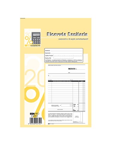 BLOCCO RICEVUTE SANITARIE NUMERATE 50/50 FOGLI AUTORIC. 23X15 E5275C E5275C EDIPRO BLOCCHI RICEVUTE-FATTURE