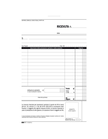 BLOCCO RICEVUTE SANITARIE NUMERATE 50/50 FOGLI AUTORIC. 23X15 E5275C E5275C EDIPRO BLOCCHI RICEVUTE-FATTURE