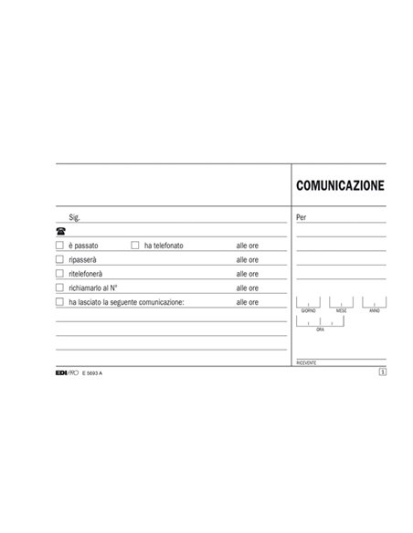 BLOCCO COMUNICAZIONI TELEFONICHE 50/50 FOGLI AUTORIC. 9,9X17 E5693A E5693A EDIPRO SEGRETERIA