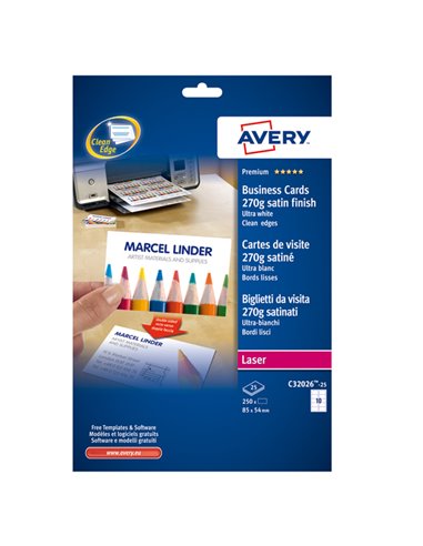 250 BIGLIETTI VISITA 85x54mm LASER 270gr fronte/retro QuickClean™ AVERY C32026-25 AVERY BIGLIETTI DA VISITA
