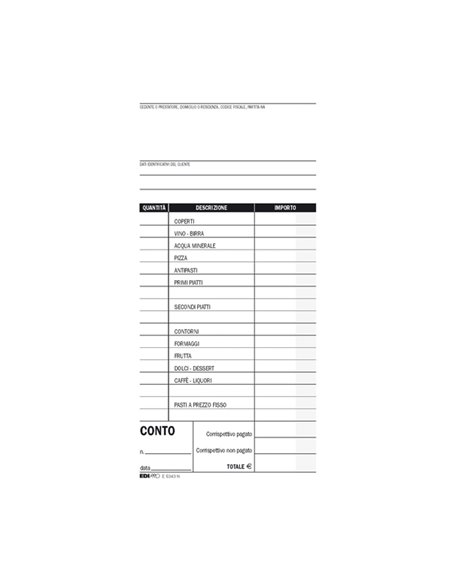 BLOCCO CONTO RISTORANTE C/DETTAGLIO VOCI 100FG USO MANO 22X10 E5343N E5343N EDIPRO ALBERGHI-RISTORANTI