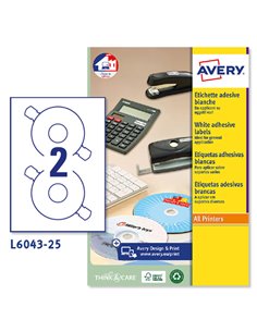 Etichetta adesiva L6043 bianca CD/DVD 25fg A4 Ø117 foroØ41mm (2et/fg) laser L6043-25