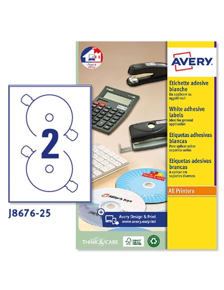 Etichetta adesiva J8676 bianca opaca CD/DVD 25fg A4 Ø117mm (2et/fg) inkjet J8676-25 AVERY ETICHETTE CARTA COPY-LASER-INKJET