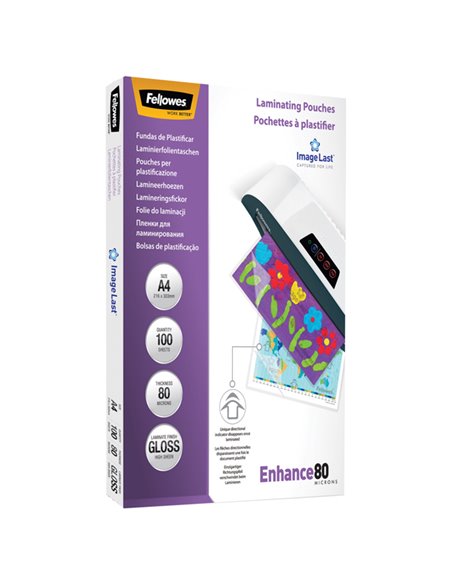 Scatola 100 pouches ENHANCE80 80mic A4 Fellowes 5306114 FELLOWES POUCHES PER PLASTIFICARE