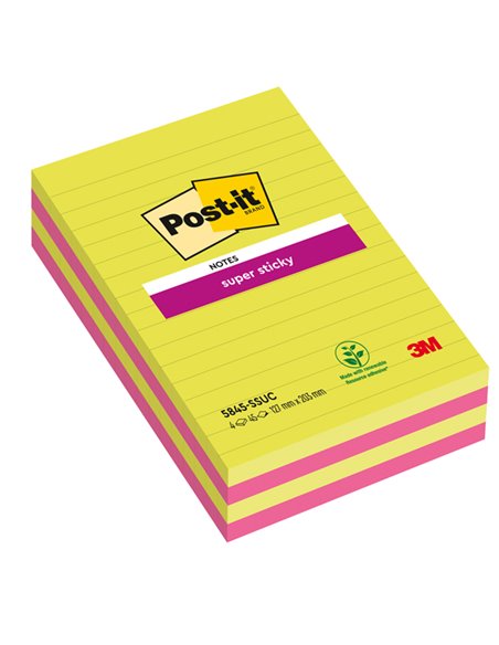 BLOCCO 45foglietti Post-it® Super Sticky 127x203mm righe ULTRACOLOR 5845-4SSUC 7100235841