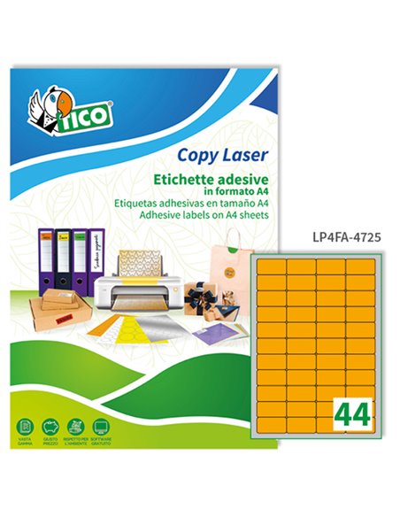 Etichetta adesiva LP4F arancio fluo 70fg A4 47,5x25,5mm (44et/fg) Tico LP4FA-4725 TICO ETICHETTE CARTA COPY-LASER-INKJET