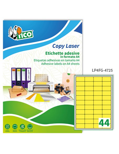Etichetta adesiva LP4F giallo fluo 70fg A4 47,5x25,5mm (44et/fg) Tico LP4FG-4725 TICO ETICHETTE CARTA COPY-LASER-INKJET