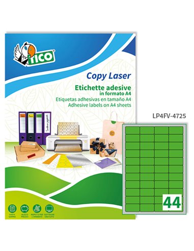 Etichetta adesiva LP4F verde fluo 70fg A4 47,5x25,5mm (44et/fg) Tico LP4FV-4725 TICO ETICHETTE CARTA COPY-LASER-INKJET