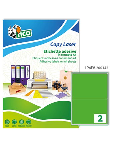 Etichetta adesiva LP4F verde fluo 70fg A4 200x142mm (2et/fg) Tico LP4FV-200142 TICO ETICHETTE CARTA COPY-LASER-INKJET