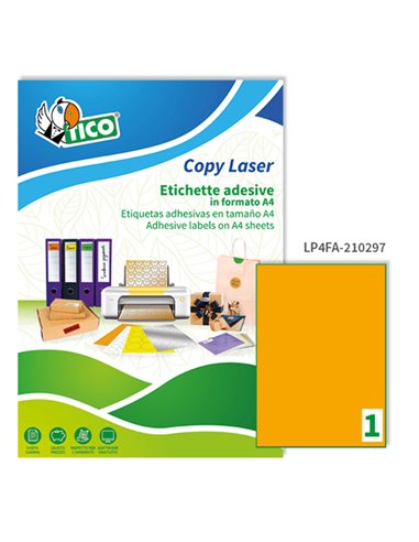 Etichetta adesiva LP4F arancio fluo 70fg A4 210x297mm (1et/fg) Tico LP4FA-210297 TICO ETICHETTE CARTA COPY-LASER-INKJET