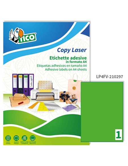 Etichetta adesiva LP4F verde fluo 70fg A4 210x297mm (1et/fg) Tico LP4FV-210297