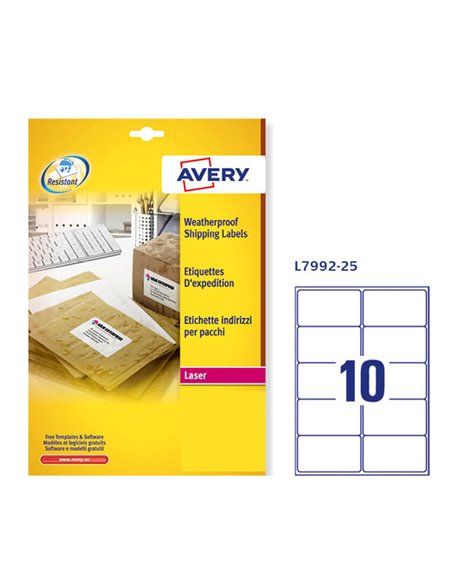 Poliestere adesivo L7992 bianco imperm 25fg A4 99,1x57mm (10et/fg) laser Avery L7992-25 AVERY ETICHETTE POLIESTERE COPY-LASER...