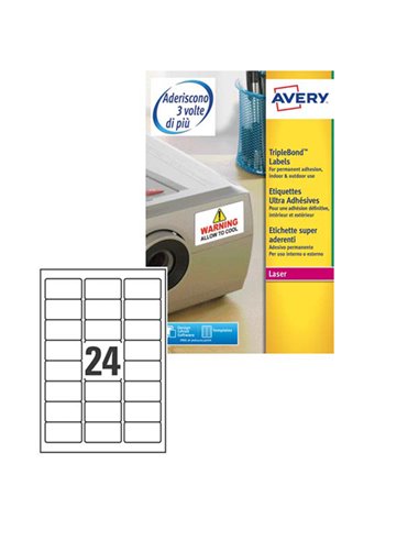 Poliestere adesivo extra L6141 bianco 20fg A4 63,5x33,9mm (24et/fg) laser Avery L6141-20 AVERY ETICHETTE POLIESTERE COPY-LASE...