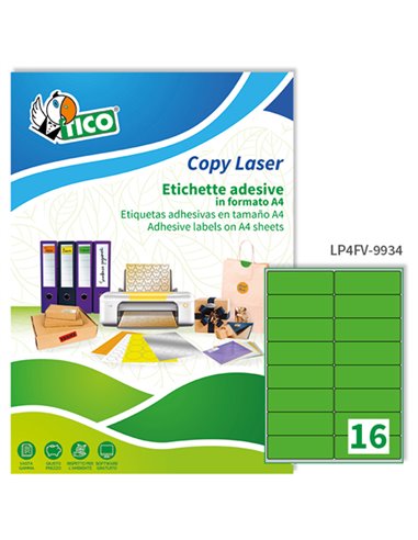 Etichetta adesiva LP4F verde fluo 70fg A4 99,1x34mm (16et/fg) Tico LP4FV-9934 TICO ETICHETTE CARTA COPY-LASER-INKJET