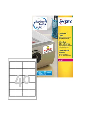 Poliestere adesivo extra L6140 bianco 20fg 45,7x25,4mm (40et/fg) laser Avery L6140-20 AVERY ETICHETTE POLIESTERE COPY-LASER-I...