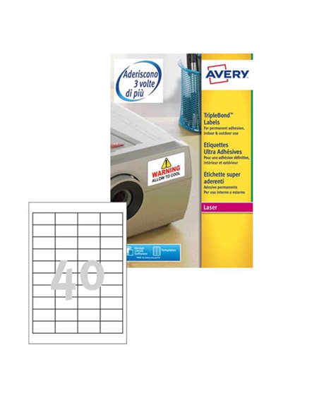 Poliestere adesivo extra L6140 bianco 20fg 45,7x25,4mm (40et/fg) laser Avery L6140-20 AVERY ETICHETTE POLIESTERE COPY-LASER-I...