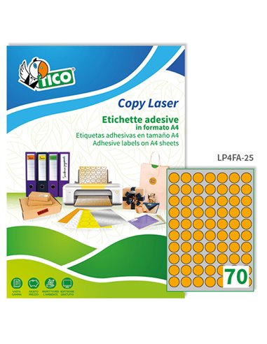 Etichetta adesiva arancio fluo 70fg A4 tonda Ø25mm (70et/fg) Tico LP4FA-25 TICO ETICHETTE CARTA COPY-LASER-INKJET